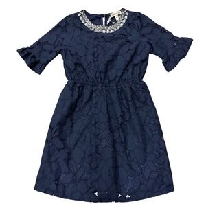 Monteau Girl Navy Blue Lace Beaded‎ Dress Kids Size 4 Flutter Sleeve Kidcore